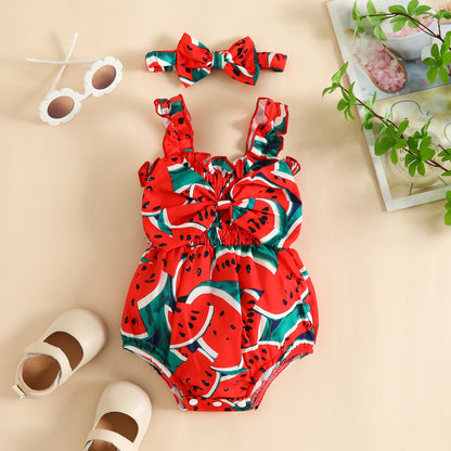Summer baby watermelon double shoulder strap triangle romper baby bow fruit crawling clothes sleeveless fart clothes