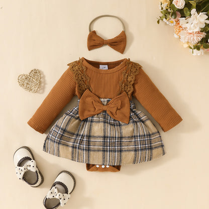 Baby long-sleeved lace plaid triangle jumpsuit autumn and winter girl's ribbed bowknot jumpsuit