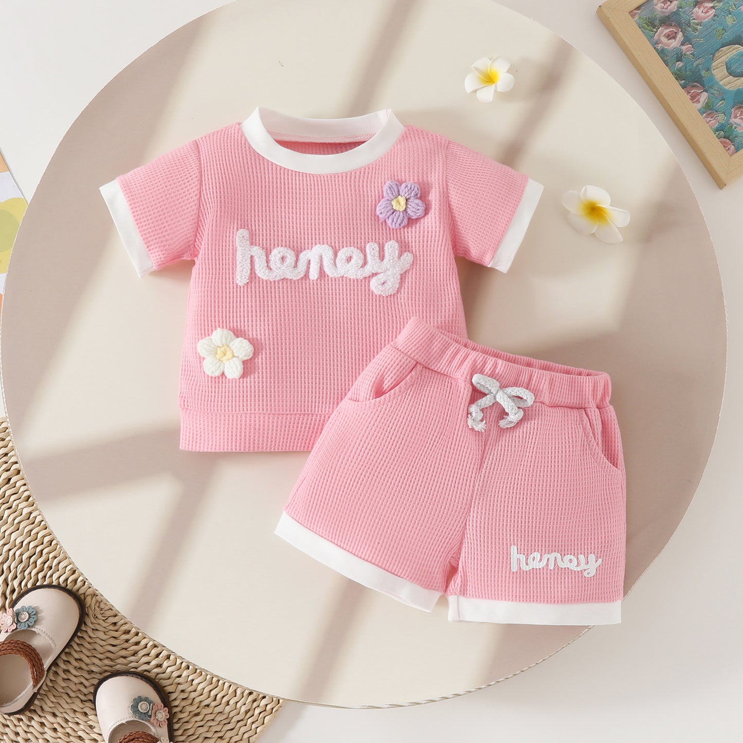 Toddler Girls Summer Waffle Towel Embroidered Flower Short Sleeve Top Pocket Decoration Shorts Two-piece Set