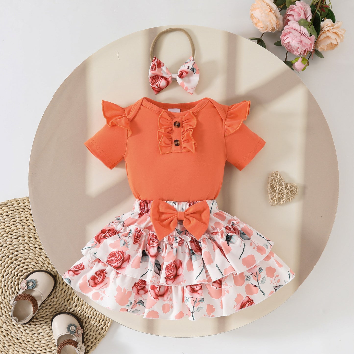 Summer baby girl button ruffled edge short-sleeved romper with flower bow half-length cake skirt suit