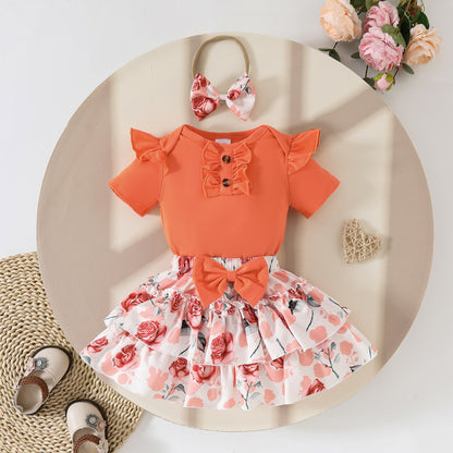 Summer baby girl button ruffled edge short-sleeved romper with flower bow half-length cake skirt suit
