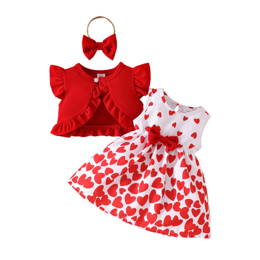 Baby Girl Sleeveless Ruffle Short Jacket Sleeveless Heart Dress Hairband Summer One-piece Dress Set