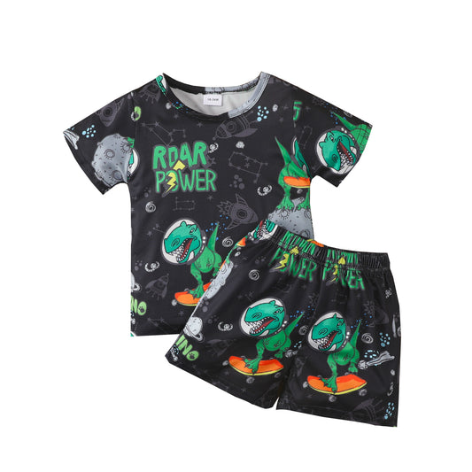 Toddler boy's dinosaur cartoon print letter short-sleeved pullover shorts suit