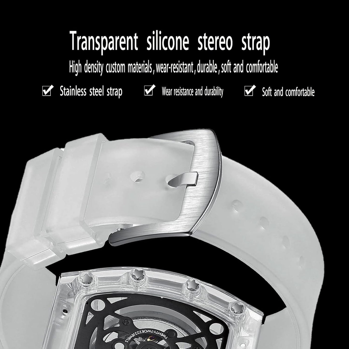 Fashion Hollowed Men Watches Tonneau Transparent Analog Display Silicone Strap Calendar Quartz Waterproof Trend Male Wrist Watch