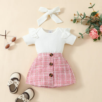 Fashion baby short-sleeved top skirt suit 0-1Y baby girl solid color triangle romper gold silk skirt