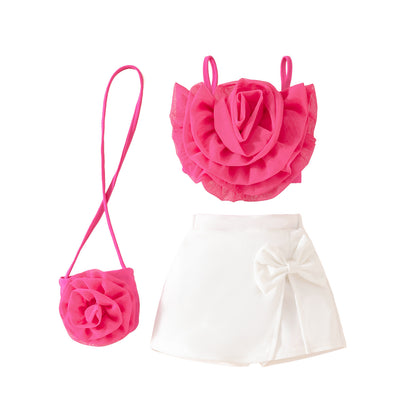 Baby Girls Mesh Flower Short Suspender Top + Fake Split Shorts Skirt + Small Bag Summer Set