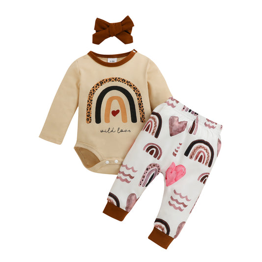 Infant Spring and Autumn Long Sleeve Romper Trousers Headband Set Baby Rainbow Leopard Print