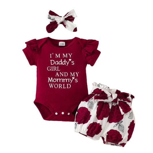 Baby Short Sleeve Triangle Romper Shorts Set Baby Girl Letter Summer Top Belt Flower Cute Pants