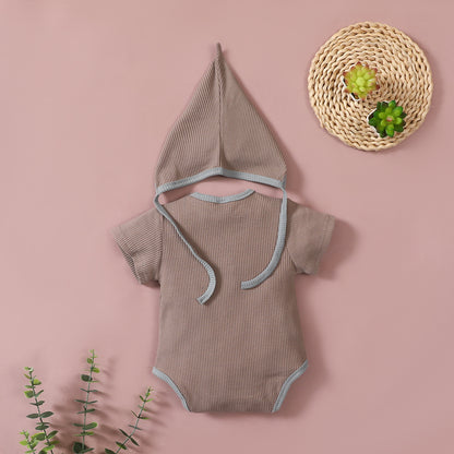 Detachable hood short-sleeved solid color triangle jumpsuit romper suit