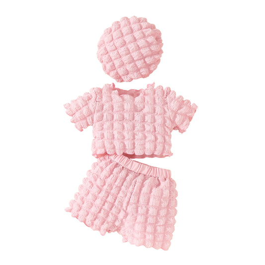 Fashion baby girl bubble fabric summer short-sleeved top + shorts + beret set sweet short clothing