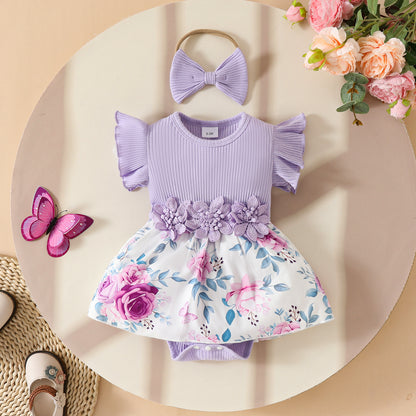 Baby Girl Summer Sleeveless Pit Stripe Applique Floral Print Romper Dress Baby Casual Dress