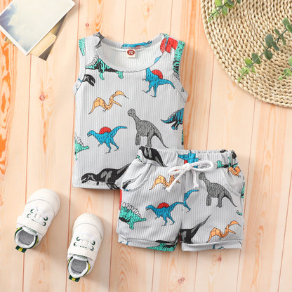 Baby vest shorts suit boy girl dinosaur striped sleeveless top shorts two-piece suit