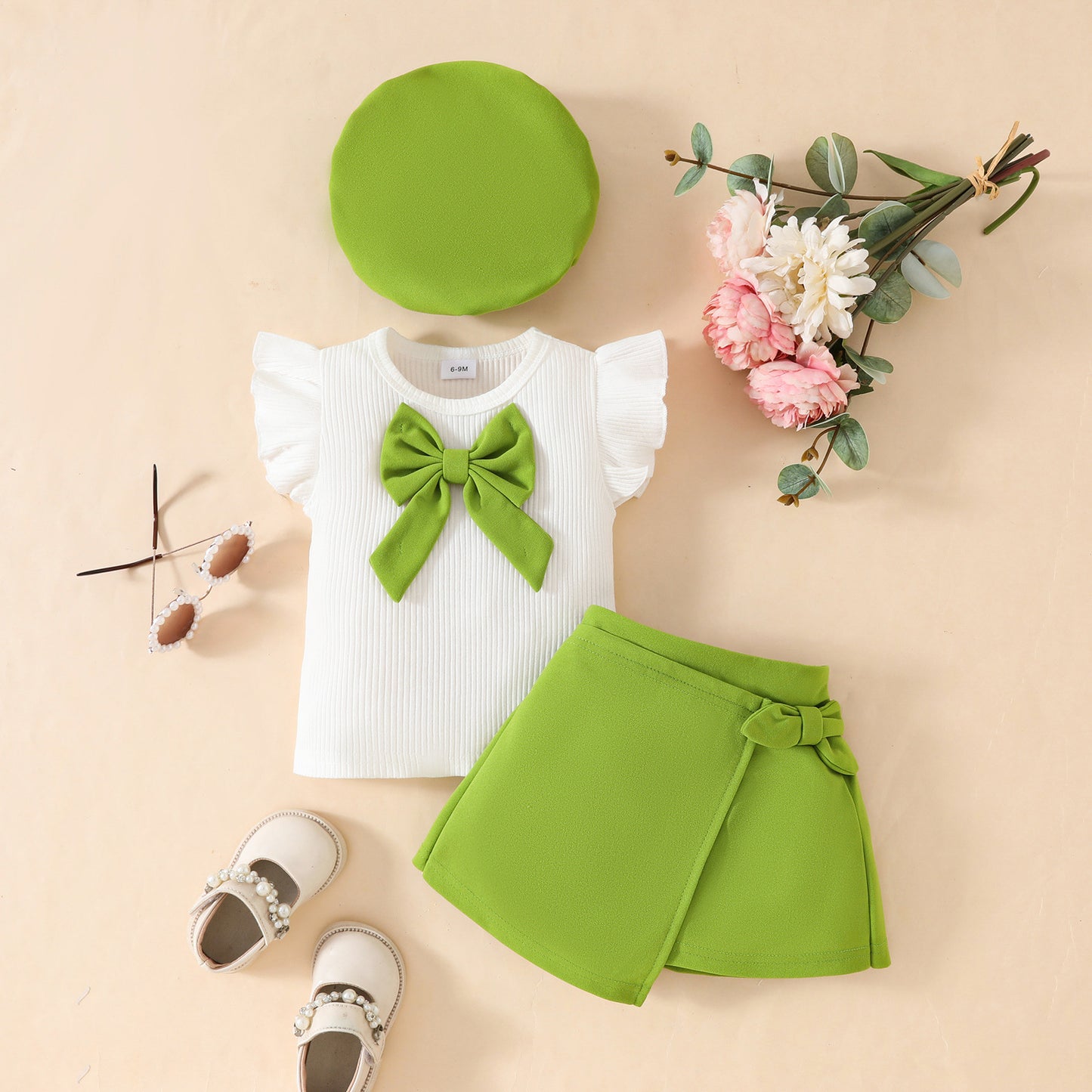 Toddler Girl Sleeveless Ruffled Big Bow White Ribbed Top Decorated Lace-up Skirt Set