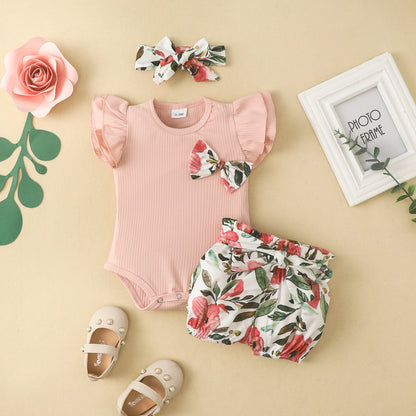 Cotton Short Sleeve Romper Elastic Pants Infant and Toddler Ribbon Bowknot Shorts Set
