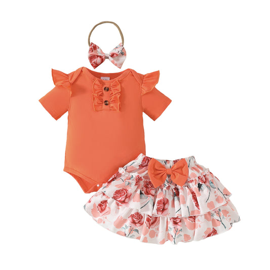 Summer baby girl button ruffled edge short-sleeved romper with flower bow half-length cake skirt suit
