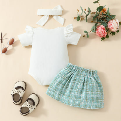 Fashion baby short-sleeved top skirt suit 0-1Y baby girl solid color triangle romper gold silk skirt