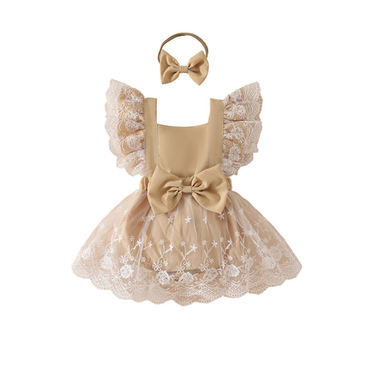 Children's clothing summer sweet girl baby casual jumpsuit baby big bow lace romper skirt