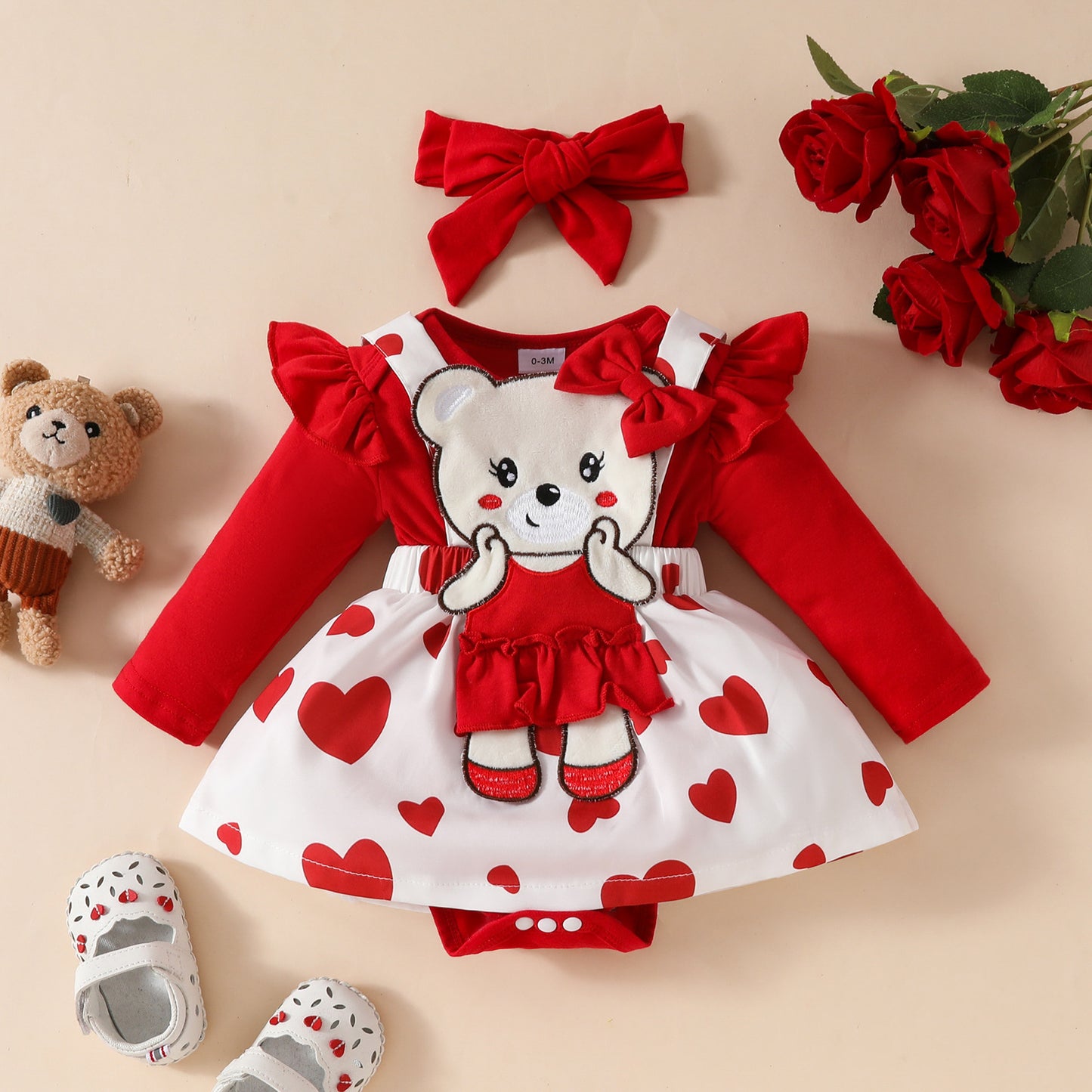 Baby Girls One-piece Dress Set Long Sleeve Red Triangle Romper Bear Doll Overall Dress Hairband