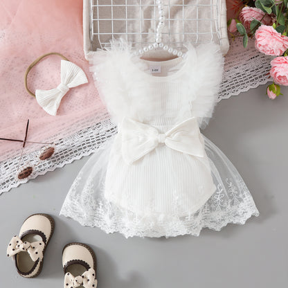 Summer baby mesh one-piece triangle romper dress sweet style baby girl bow sleeveless one-piece dress headband