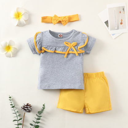 Summer cross-border infant boy gentleman lapel bow single-breasted top solid color shorts suit