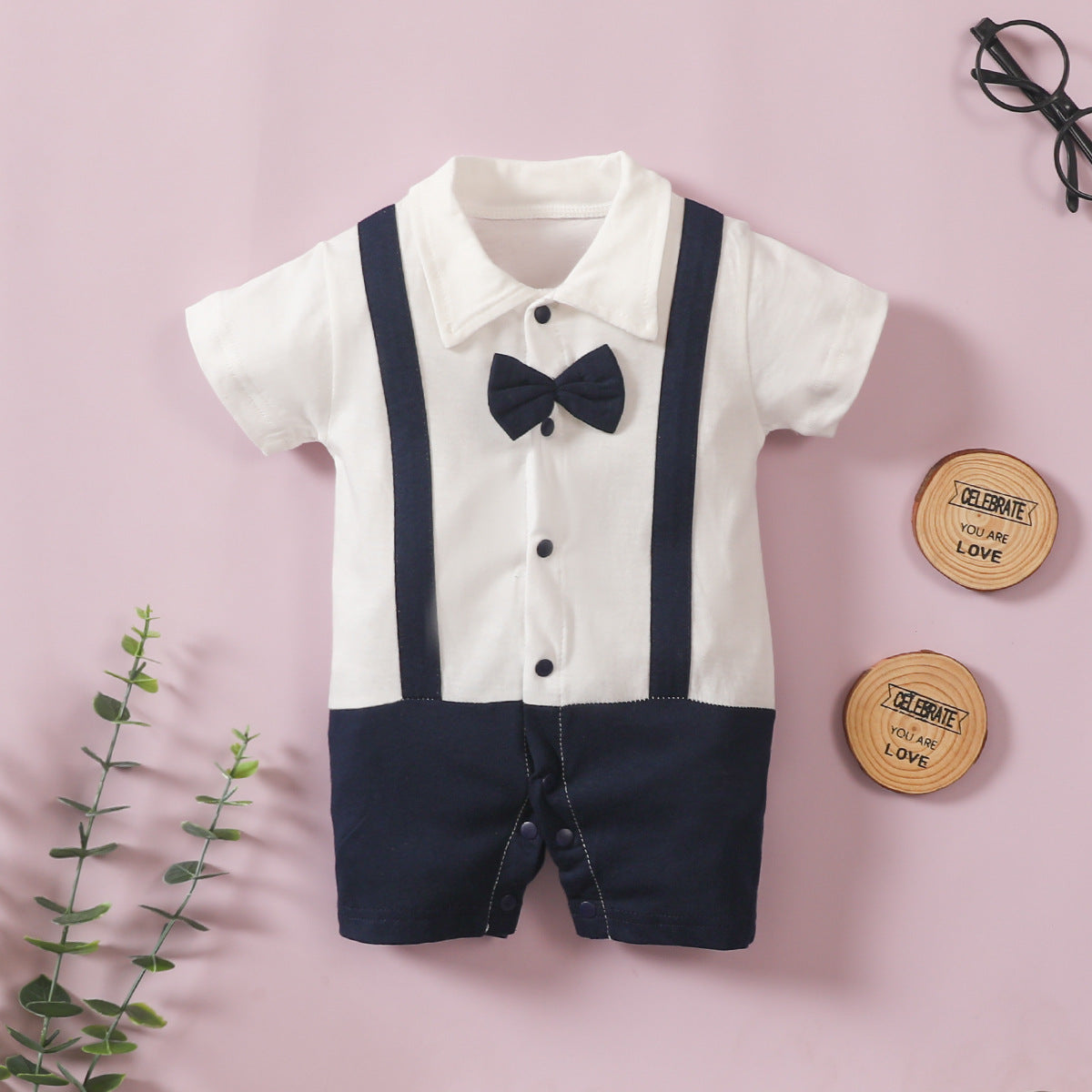 Infant Boys Bow Tie Lapel Splicing Romper Short Sleeve One-Piece Suit
