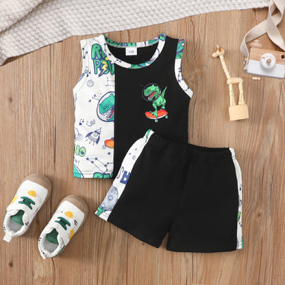 Toddler boy's dinosaur cartoon print letter short-sleeved pullover shorts suit