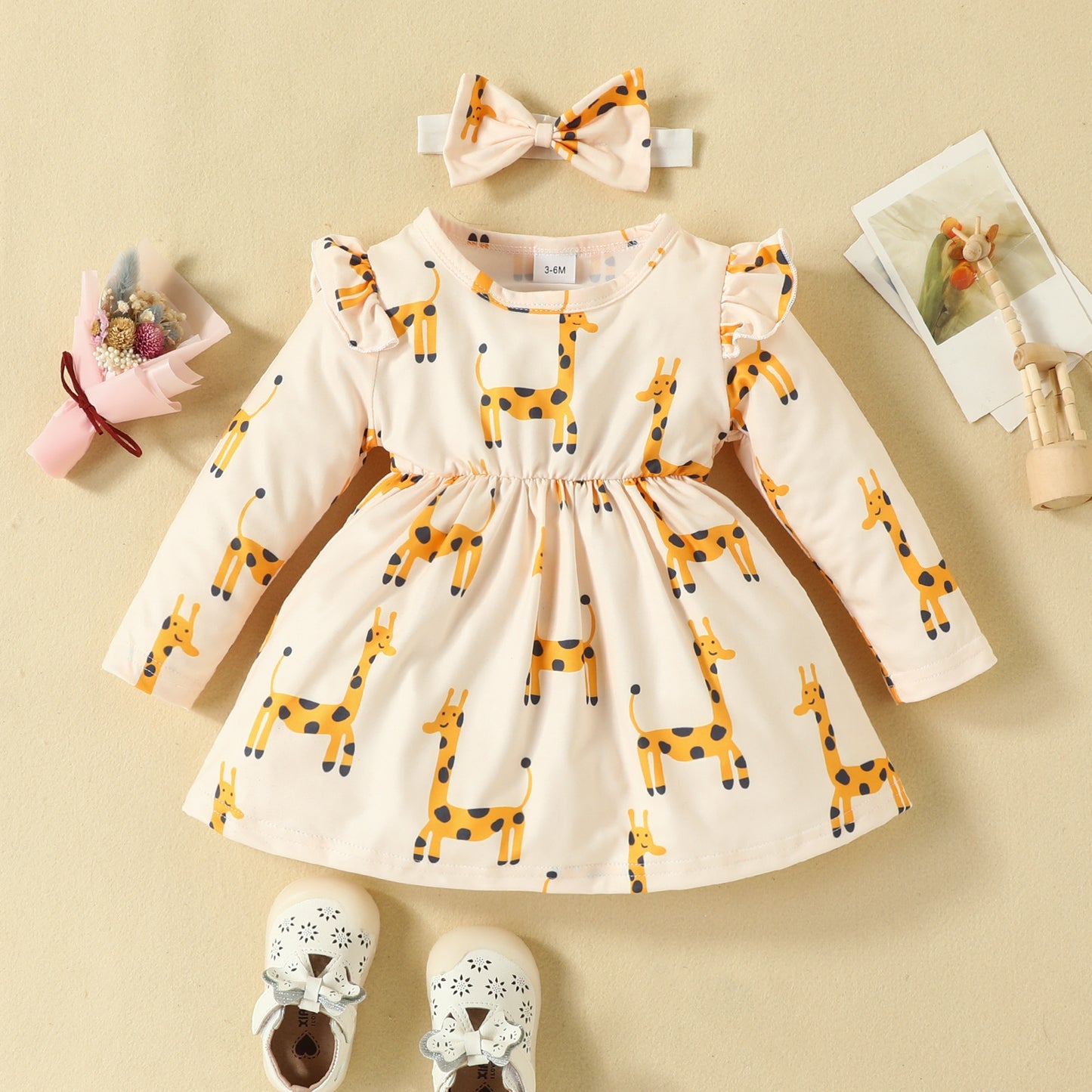 0-2 years old baby giraffe print dress flying sleeves long sleeves casual dress bow headband