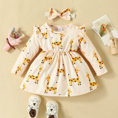 0-2 years old baby giraffe print dress flying sleeves long sleeves casual dress bow headband