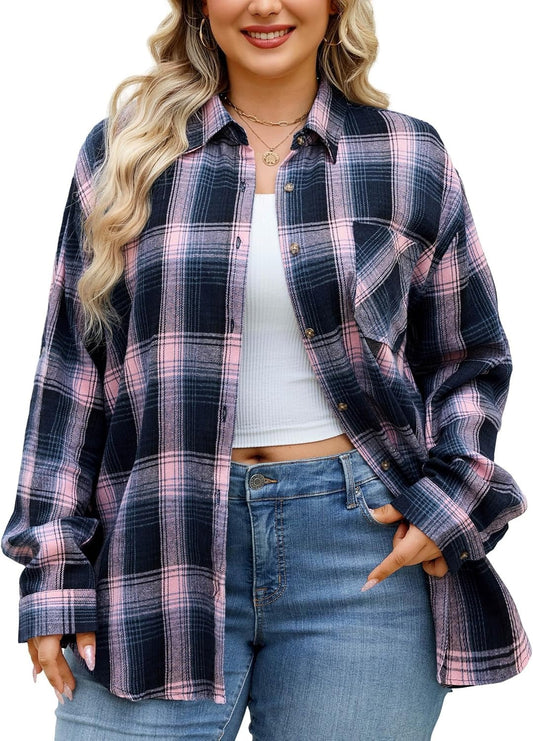 Plus Size Flannel Shirts - A-01 Pink Flannel Plaid