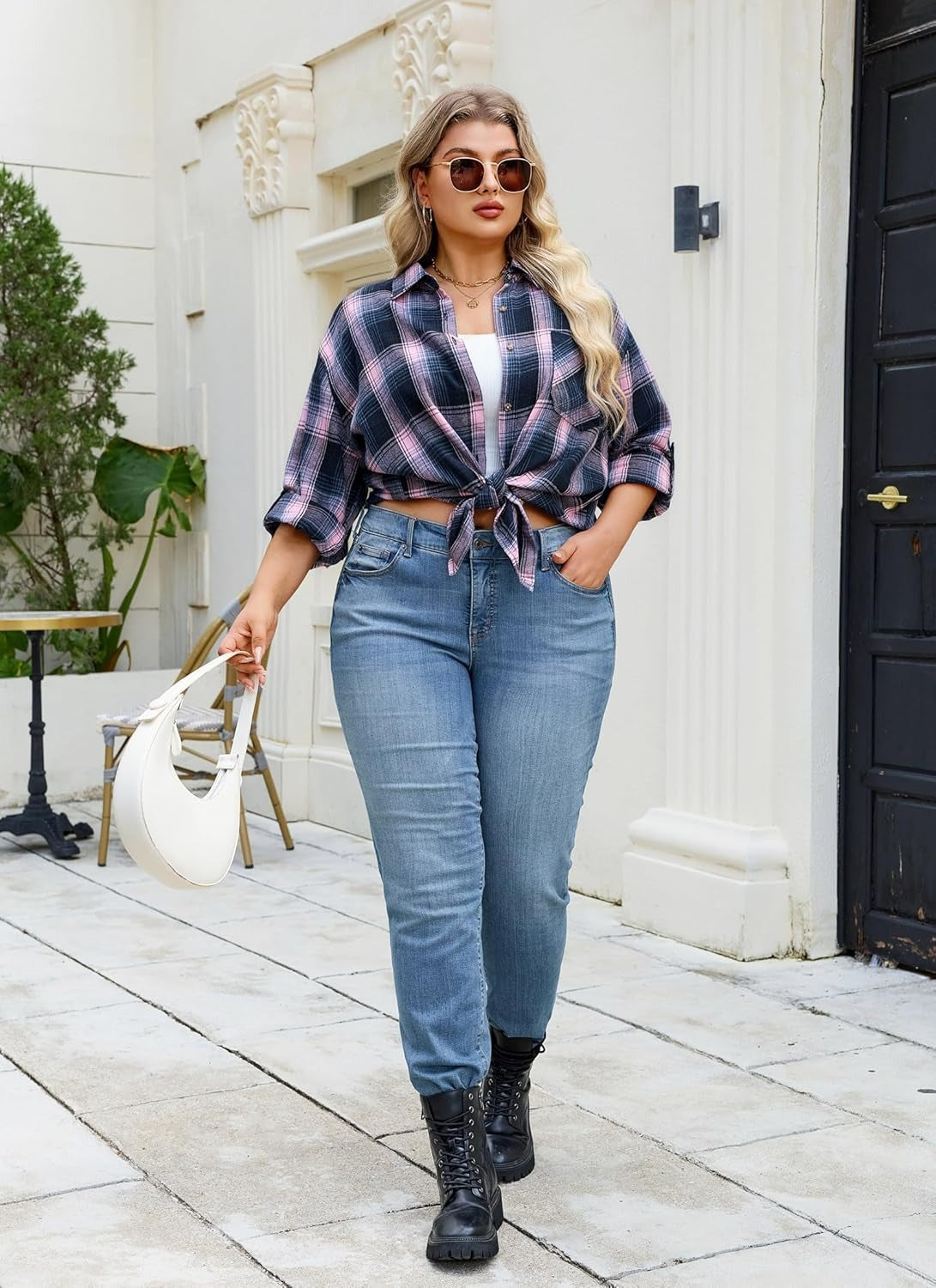 Plus Size Flannel Shirts - A-01 Pink Flannel Plaid