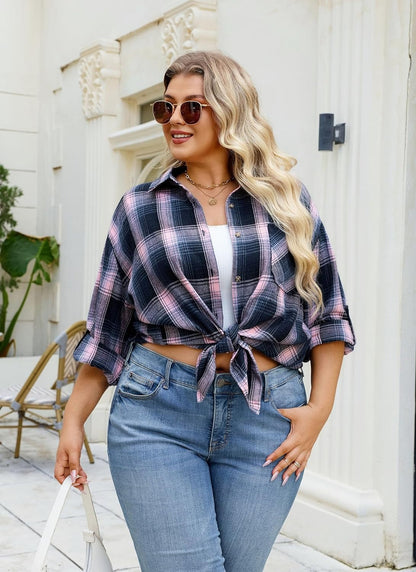 Plus Size Flannel Shirts - A-01 Pink Flannel Plaid