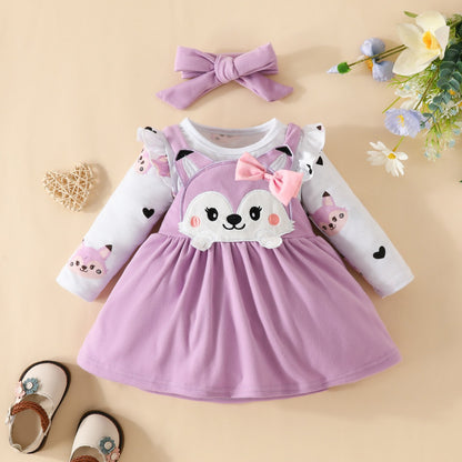 Autumn and winter infant and toddler cartoon fox heart print long-sleeved romper bow tie suspender dress set