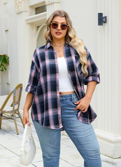 Plus Size Flannel Shirts - A-01 Pink Flannel Plaid