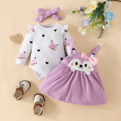 Autumn and winter infant and toddler cartoon fox heart print long-sleeved romper bow tie suspender dress set