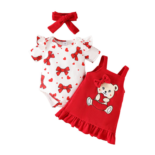 Summer sweet girl bow print short-sleeved triangle romper corduroy bear cub suspender skirt three-piece set