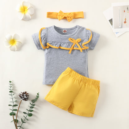Summer cross-border infant boy gentleman lapel bow single-breasted top solid color shorts suit