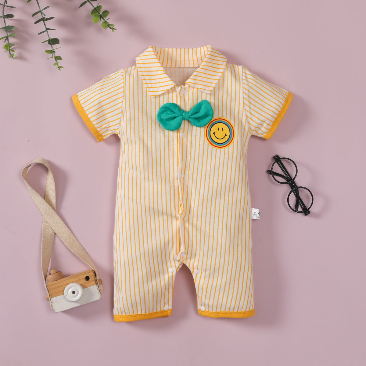 Bow tie gentleman lapel smiley face striped romper short sleeve jumpsuit