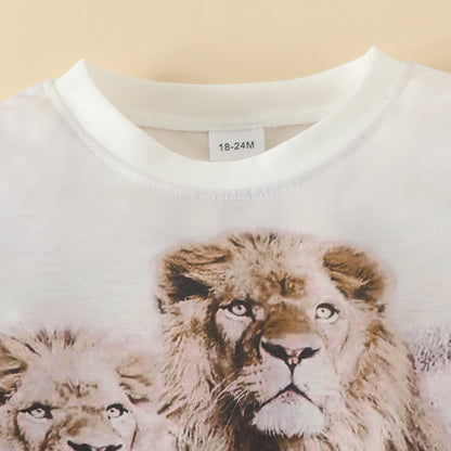 Summer children's short-sleeved T-shirt for boys with letters, cartoon bear and lion, one-piece top, cotton round neck, white short T