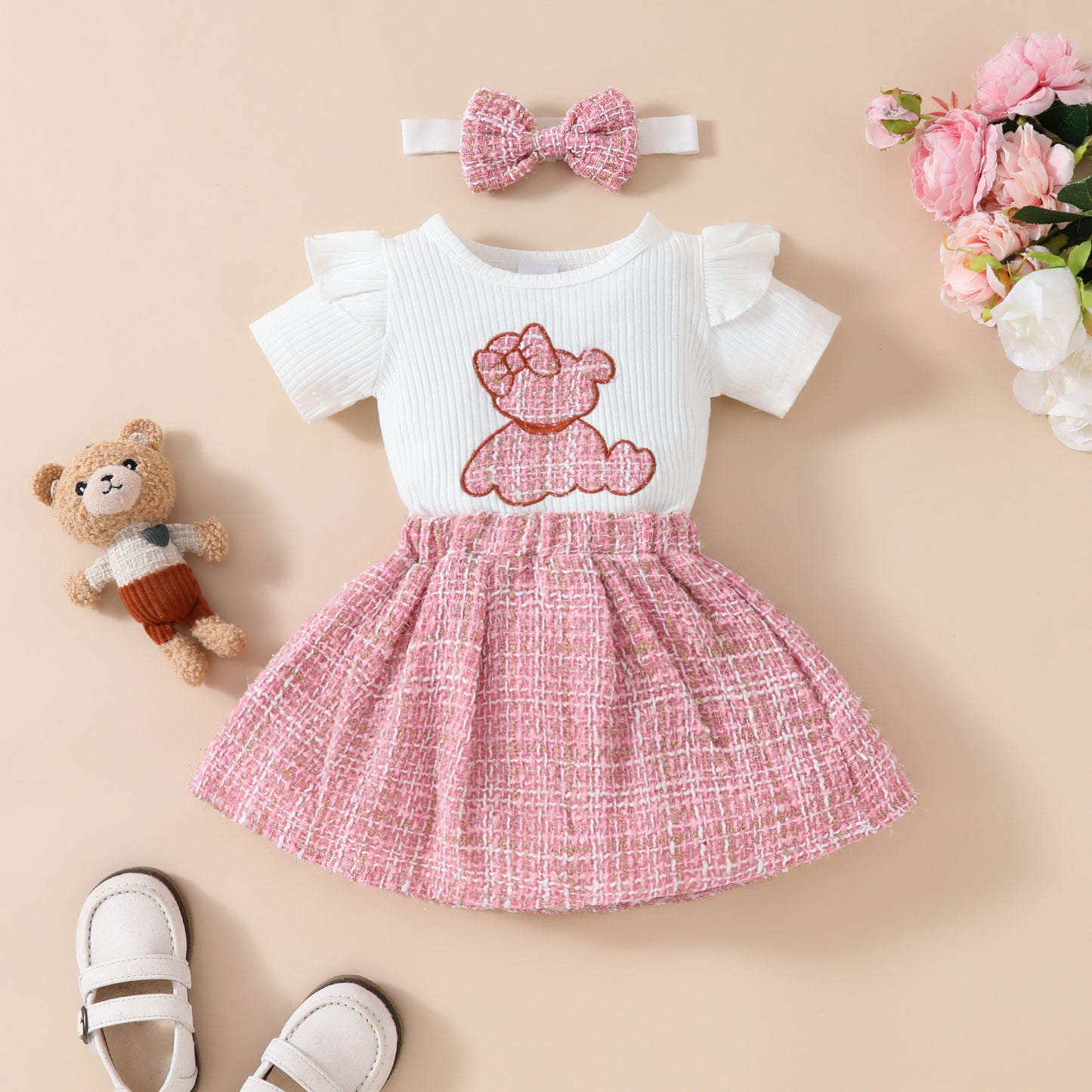 Baby short-sleeved skirt suit for girls with embroidered cute bear romper with gold silk skirt