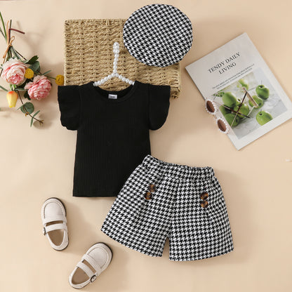 Toddler girl fashion flying sleeve solid color top + plaid shorts + beret set small Chanel style summer three-piece set
