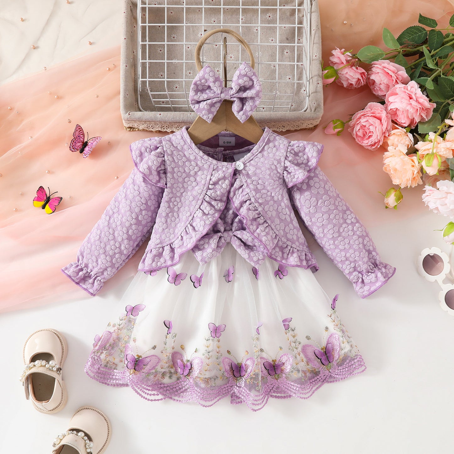 Sweet Girls Long Sleeve Short Jacket Sleeveless Butterfly Shape Lace Mesh Dress Autumn and Winter Dress Set