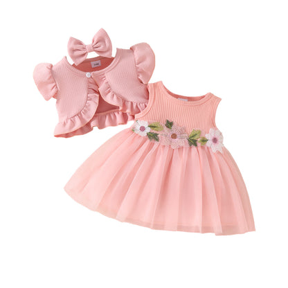 Toddler Girls Sleeveless Cropped Top Mesh Dress Set Sweet Girls Applique Skirt Lace Jacket