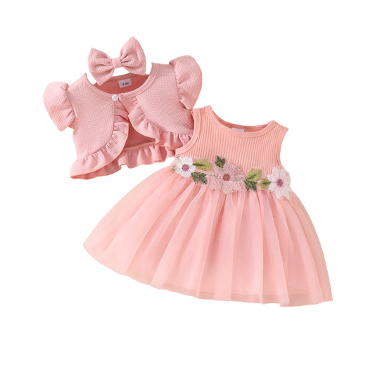 Toddler Girls Sleeveless Cropped Top Mesh Dress Set Sweet Girls Applique Skirt Lace Jacket