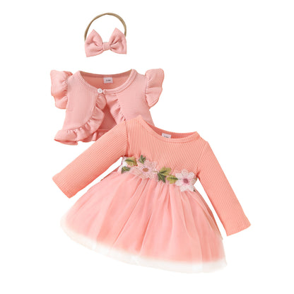 Toddler Girls Dress Set Sleeveless Ruffle Short Jacket + Long Sleeve Mesh Applique Dress