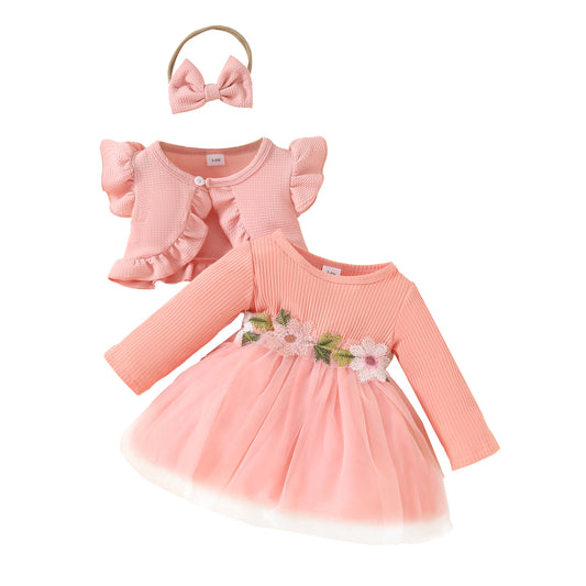 Toddler Girls Dress Set Sleeveless Ruffle Short Jacket + Long Sleeve Mesh Applique Dress