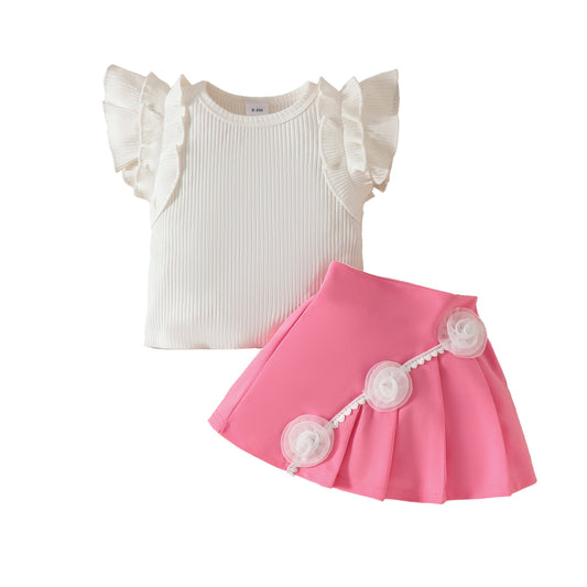 Girls Sweetheart Lace Flower Sweet Sleeveless Ribbed Top Simple A-Line Pleated Skirt Set