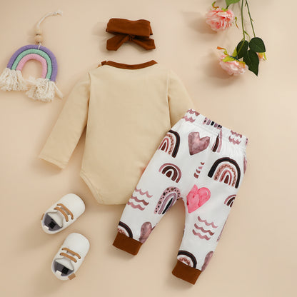 Infant Spring and Autumn Long Sleeve Romper Trousers Headband Set Baby Rainbow Leopard Print