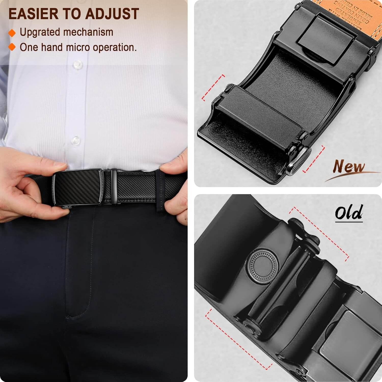 Black belt with adjustable mechanism being worn and compared to an older model.