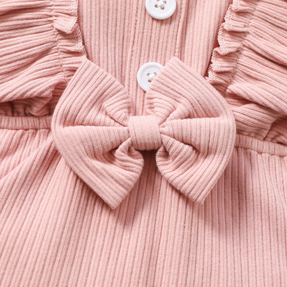 Infant and Toddler Ribbon Bowknot Shorts Set Cotton Short Sleeve Romper Elastic Pants
