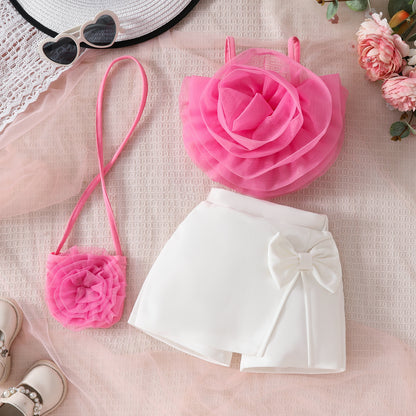 Baby Girls Mesh Flower Short Suspender Top + Fake Split Shorts Skirt + Small Bag Summer Set